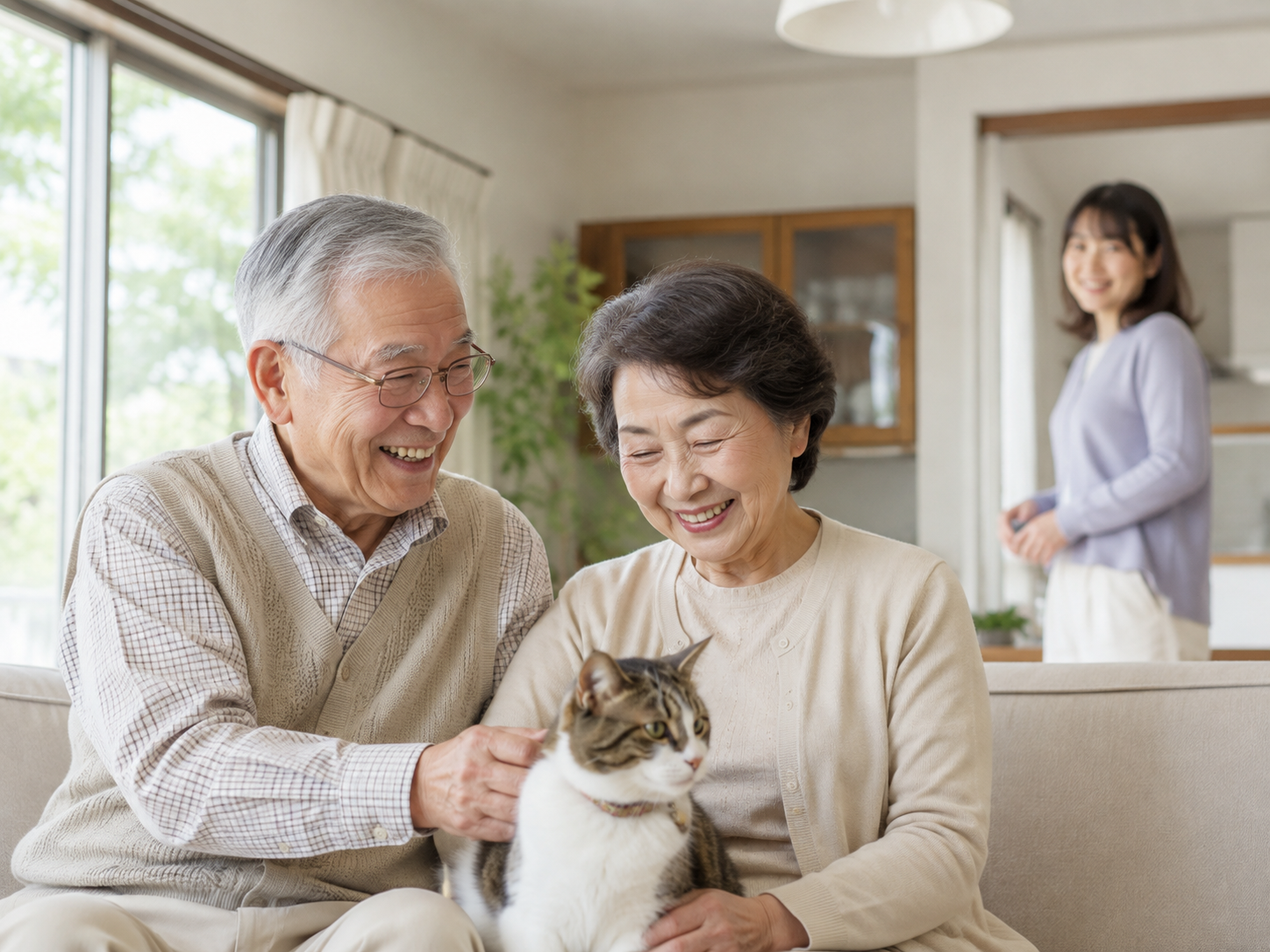 高齢夫婦と猫、家族が見守るイメージ