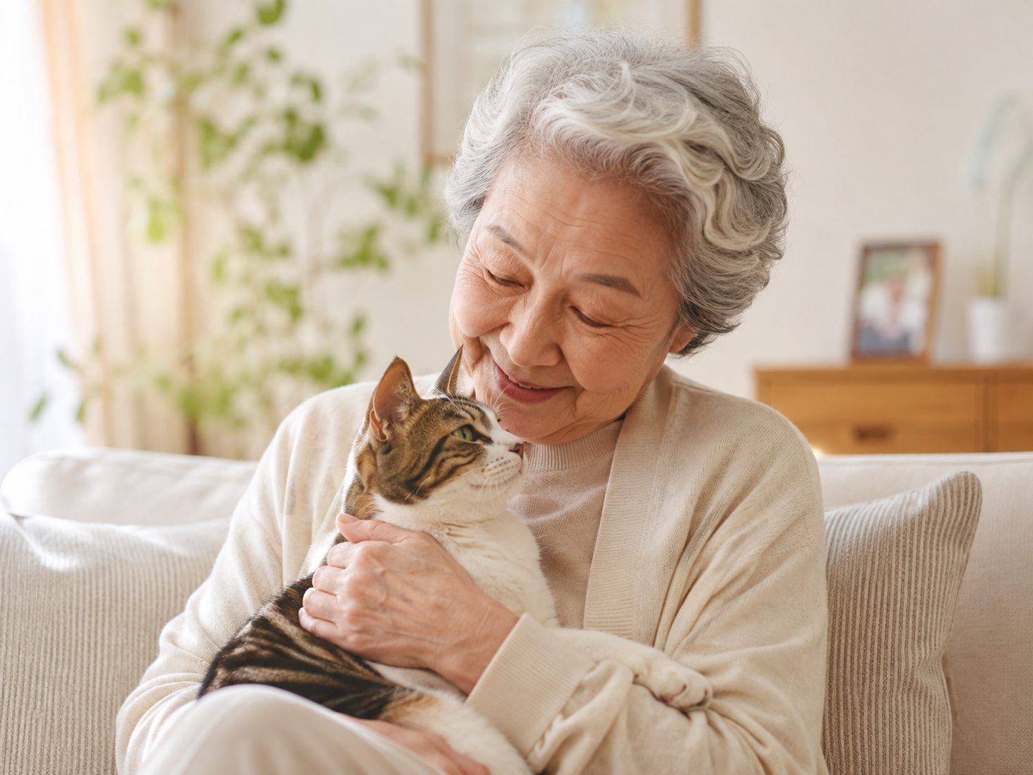 猫と穏やかに過ごす高齢女性のイメージ